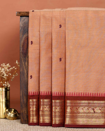 Traditional Handloom Chettinad Cotton Saree with Woven Body Paisley Motifs and Zari Temple Border - Peach