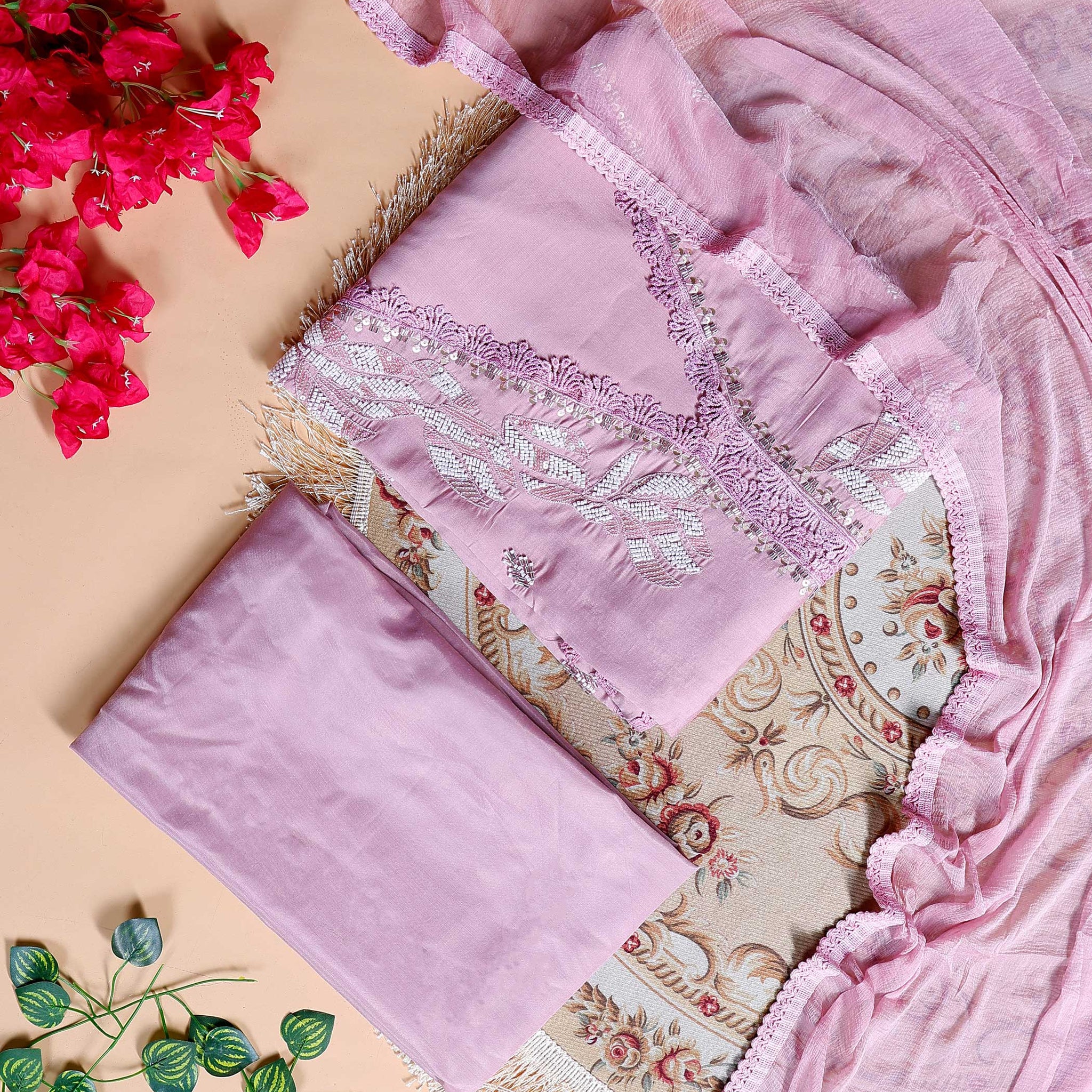 Women's Unstitched Salwar Material Set with Intricate Embroidered Neckline and Lightweight Dupatta - Light Purple
