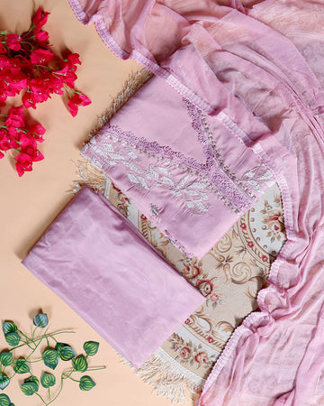 Women's Unstitched Salwar Material Set with Intricate Embroidered Neckline and Lightweight Dupatta - Light Purple