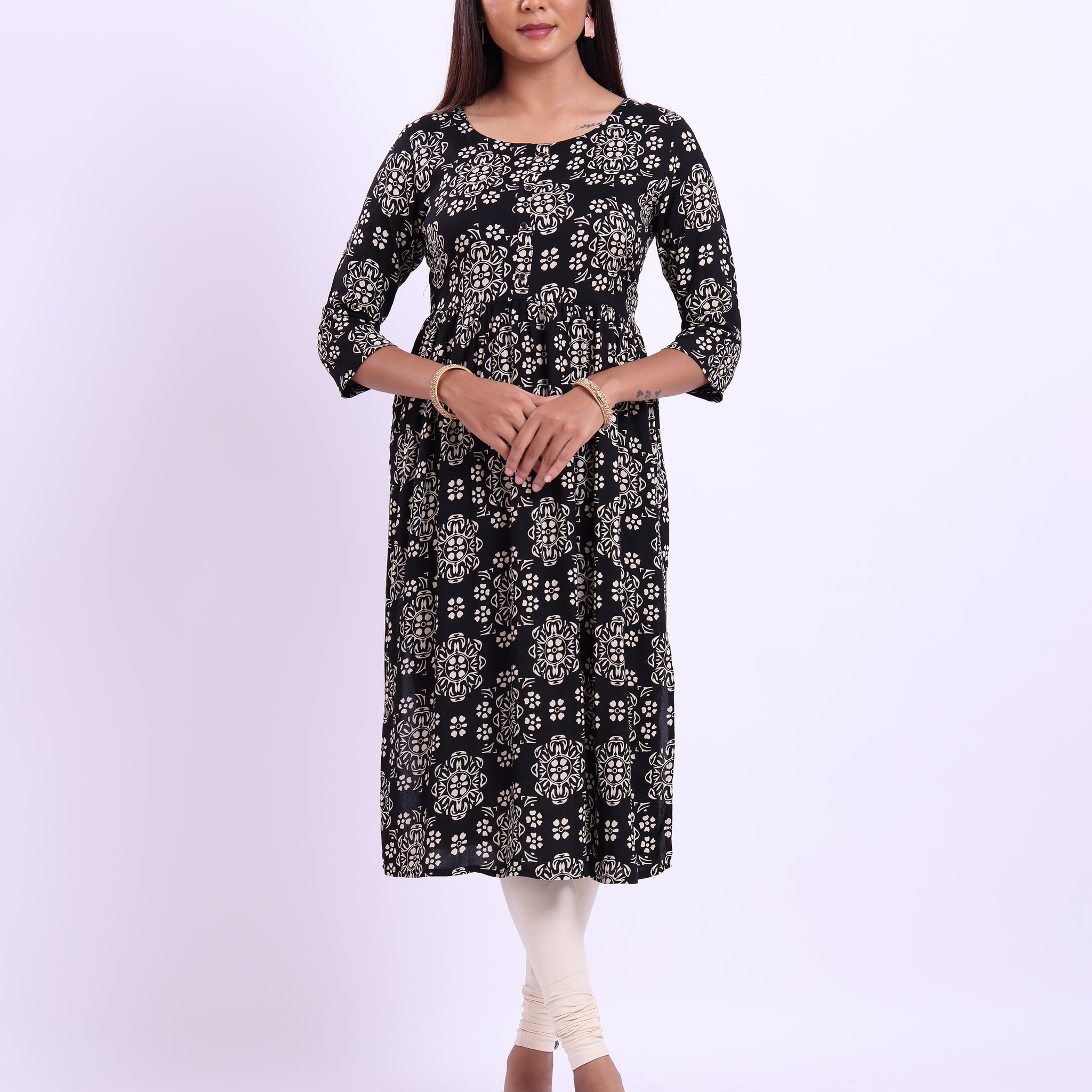 Women's Elegant Floral Printed Flared Kurta - Black