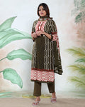 Women’s Readymade Zigzag and Striped Printed Straight Kurta Salwar Suit Set with Round Neck 3/4th Sleeves and Designer Printed Dupatta, Light Green