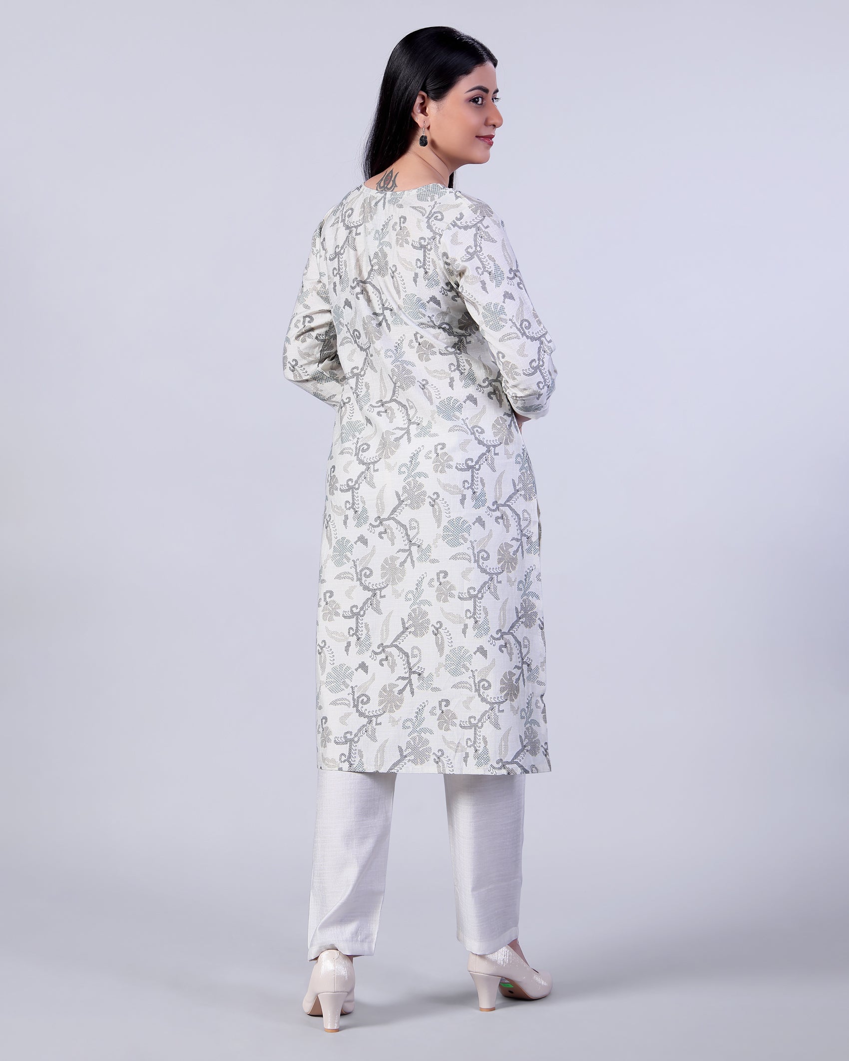 Women's Elegant Floral Print Straight Kurta with Palazzo Set, Off White