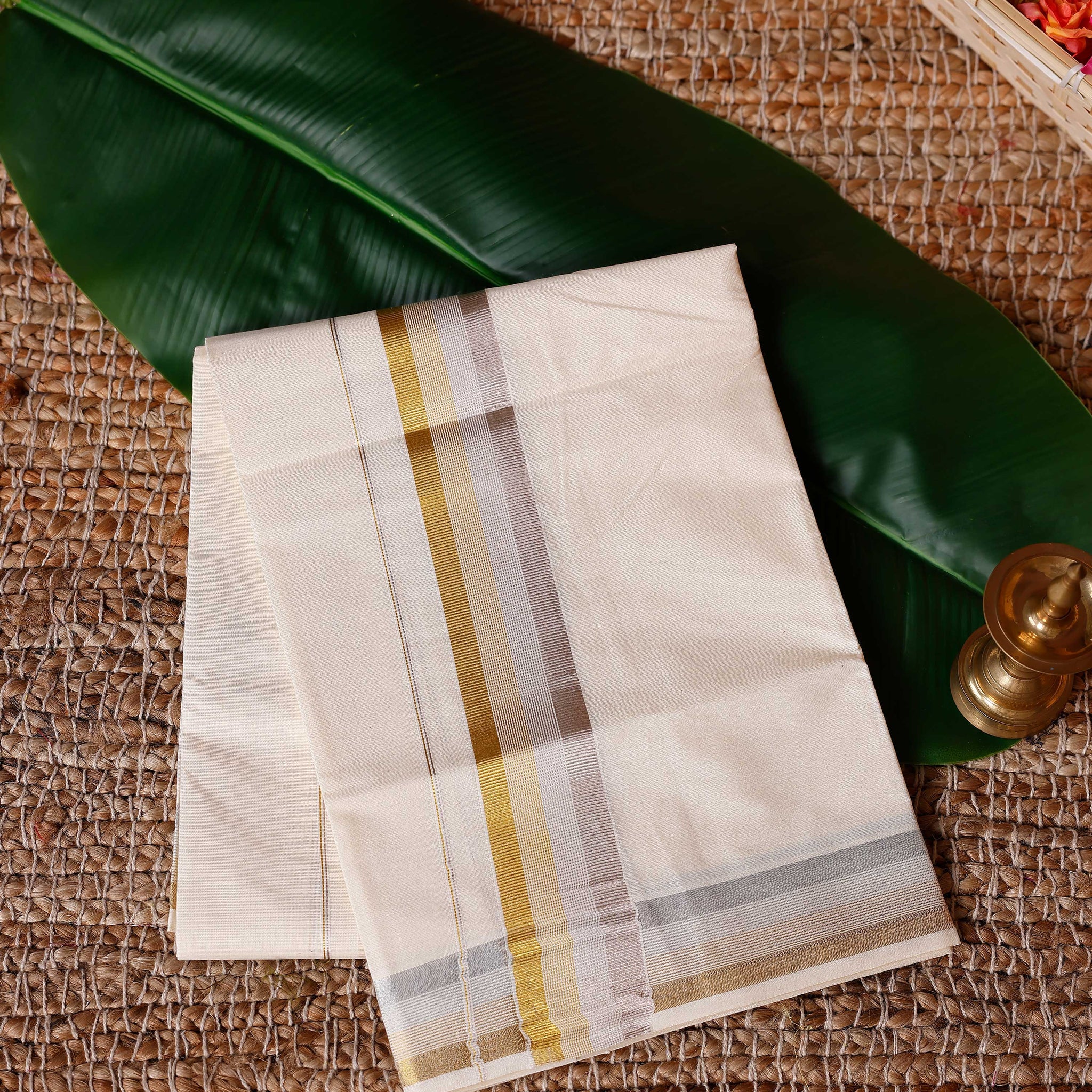 Traditional Handwoven Cotton Dhoti with Multi Color Border and Elegant Finish - Off White