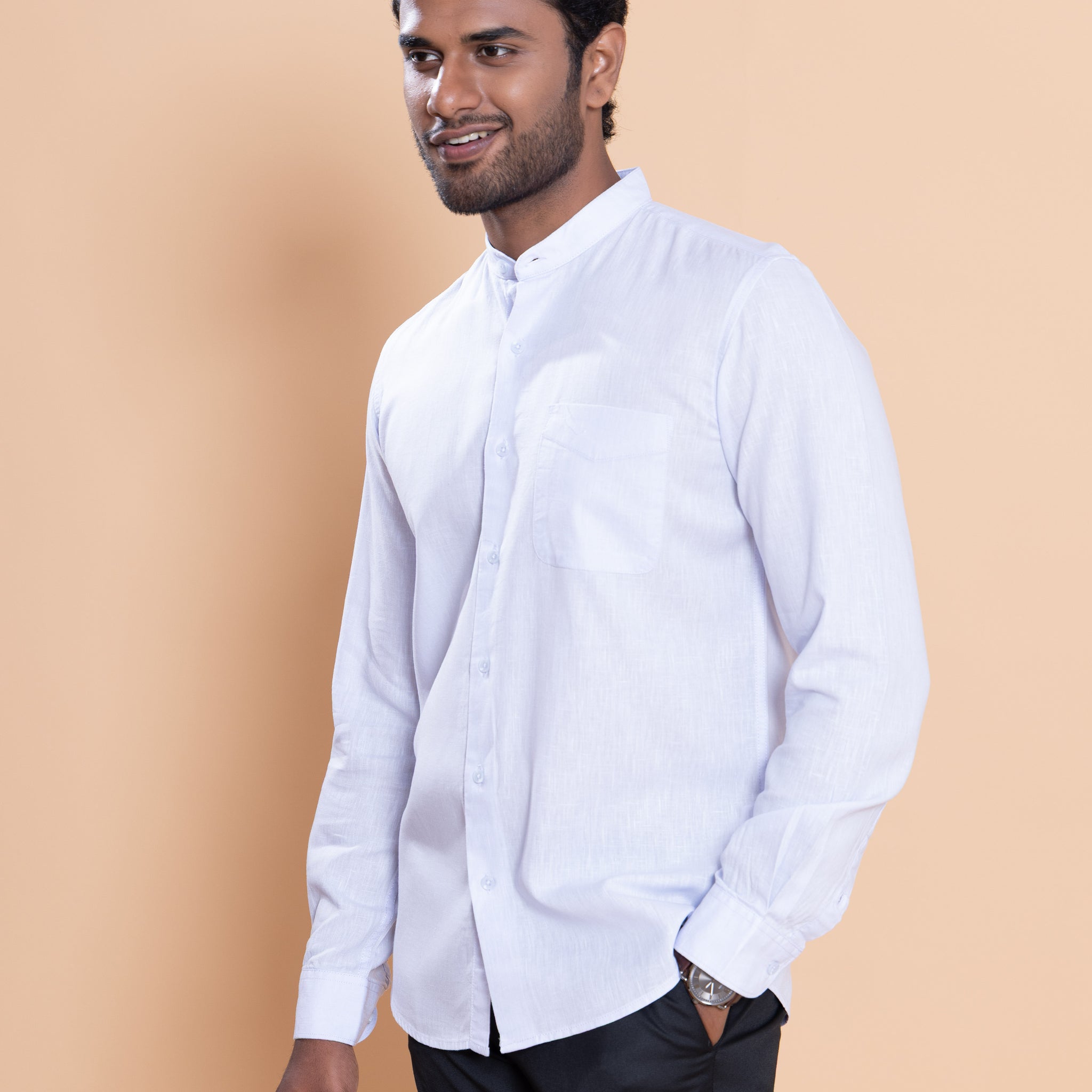 Nativebull Men Solid Full Sleeve Linen Blend Shirt - White