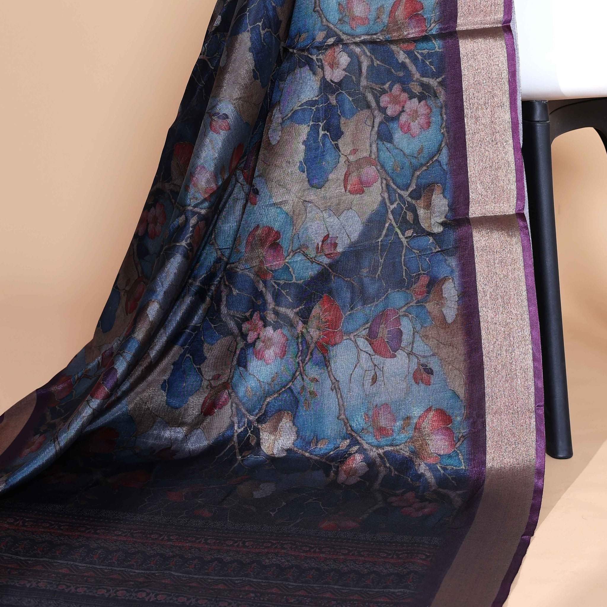 Blue Art Silk Saree with Intricate Floral and Geometric Weave Pattern