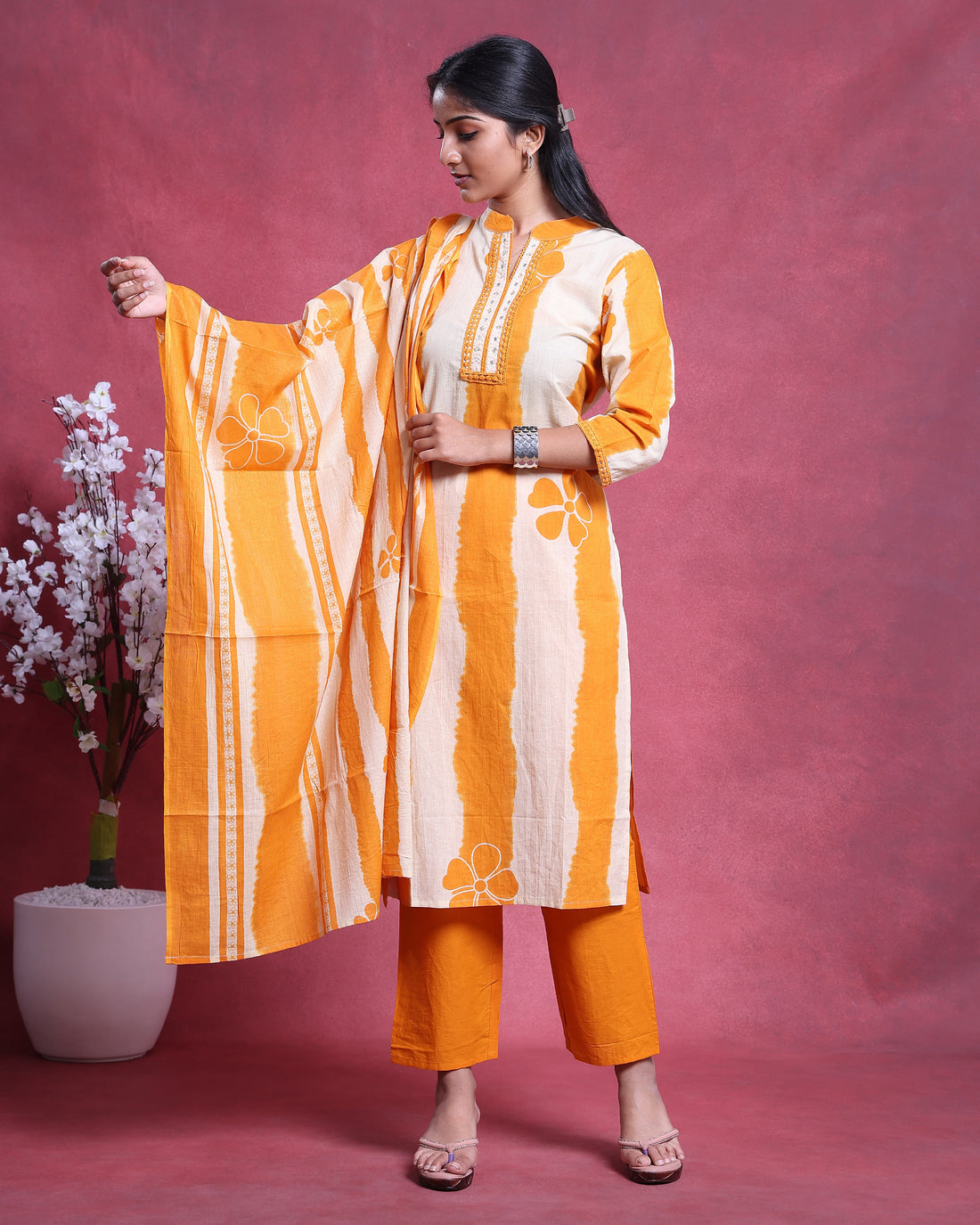 Women’s Readymade Salwar Suit Set with Dupatta Comfortable Straight Cut Silhouette with Elegant Printed Design and Classic Neck Detailing - Yellow