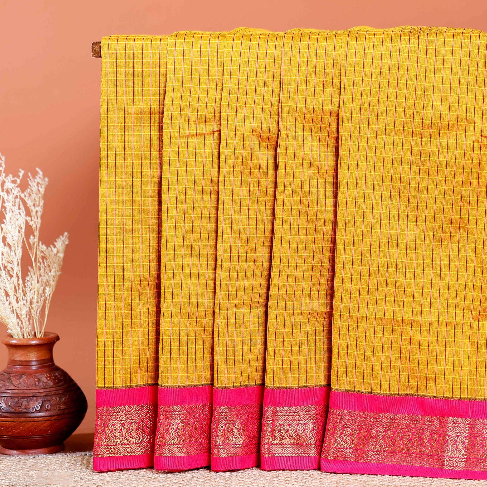 Traditional Kalyani Cotton Saree with All-Over Checks and Ornate Zari Pallu and Border - Yellow