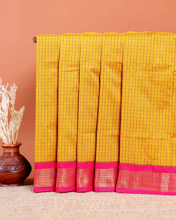 Traditional Kalyani Cotton Saree with All-Over Checks and Ornate Zari Pallu and Border - Yellow