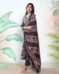 Women’s Floral Printed Readymade Salwar Suit Set with A-Line Kurta Matching Bottom and Designer Dupatta, Black