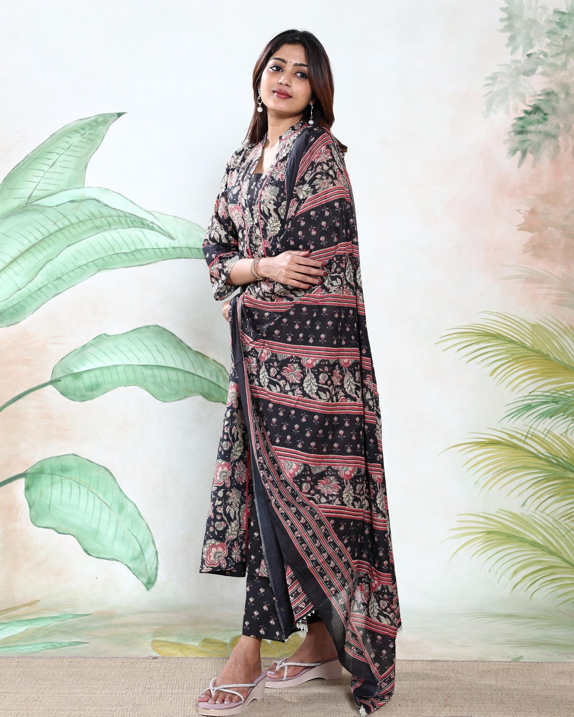 Women’s Floral Printed Readymade Salwar Suit Set with A-Line Kurta Matching Bottom and Designer Dupatta, Black