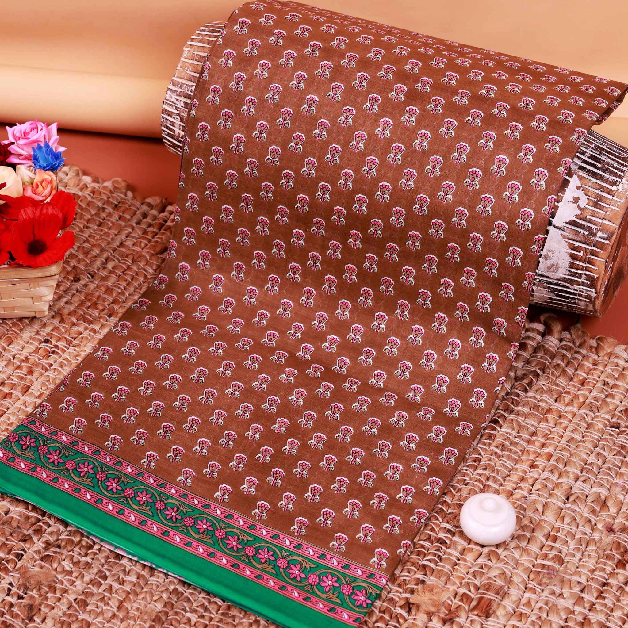 All-Over Floral Printed Voile Saree with Intricate Contrast Border – Brown