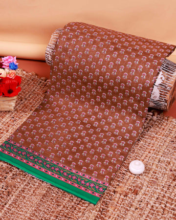 All-Over Floral Printed Voile Saree with Intricate Contrast Border – Brown