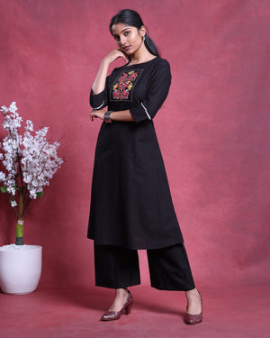 Women’s Elegant Straight Kurta Set with Intricate Embroidered Yoke 3/4th Sleeves and Comfortable Coordinated Pants
