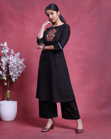 Women’s Elegant Straight Kurta Set with Intricate Embroidered Yoke 3/4th Sleeves and Comfortable Coordinated Pants