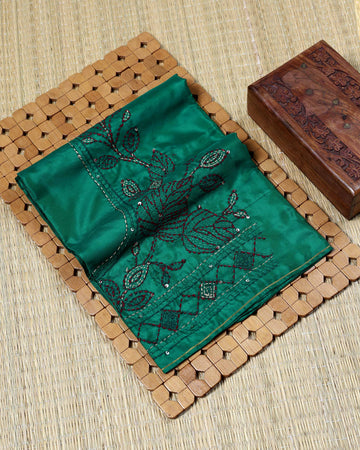 Elegant Floral Vine Embroidered Women’s Blouse Material with Intricate Hand Threadwork and Traditional Decorative Border Design - Green