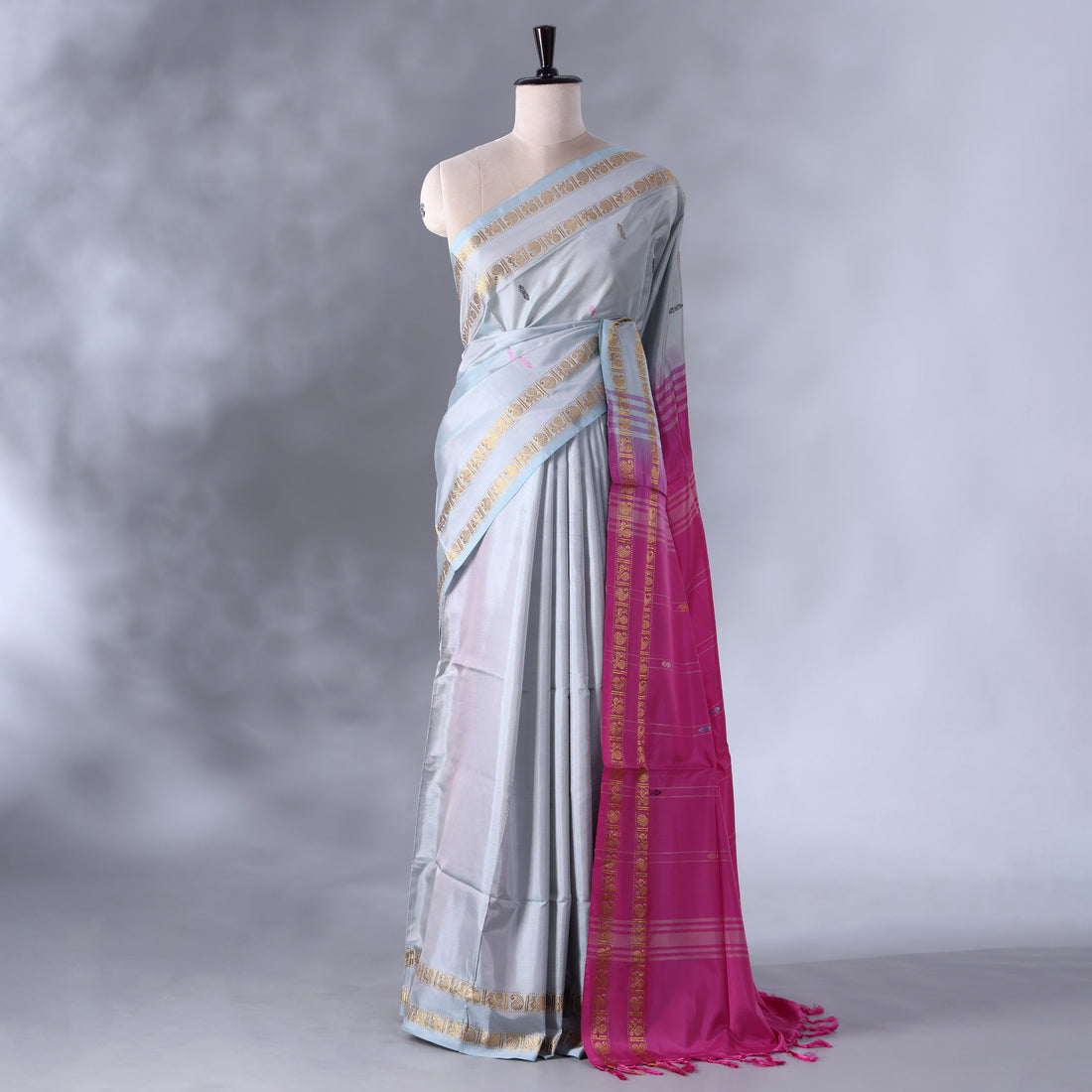 Light Grey Banana Pith Semi Silk Saree for Women | Wedding & Festive occasion | Jeyachandran - Full View