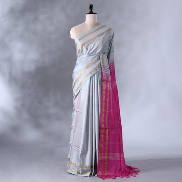 Light Grey Banana Pith Semi Silk Saree for Women | Wedding & Festive occasion | Jeyachandran - Full View