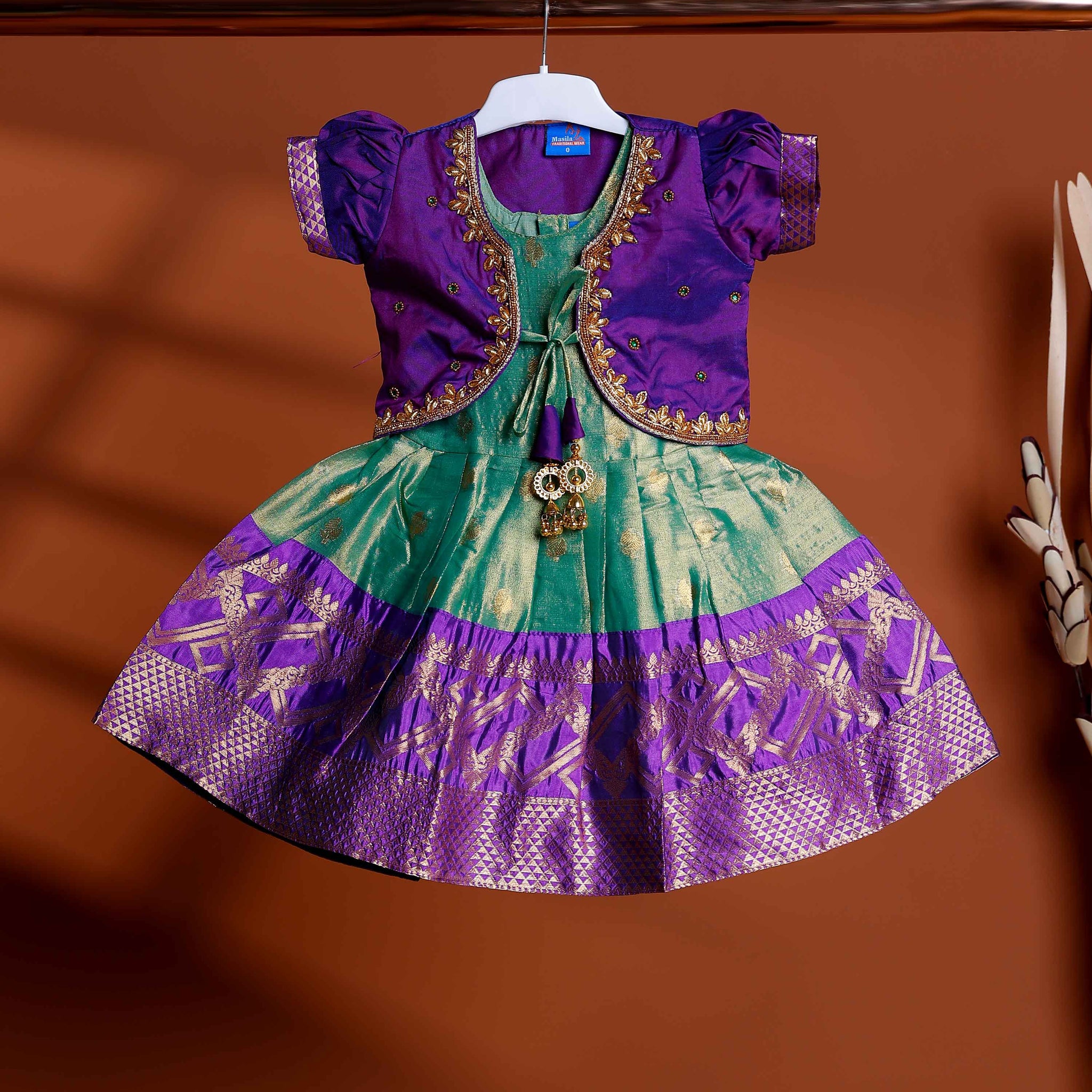 Traditional Kids Readymade Pattu Pavadai with Embellished Jacket - Purple