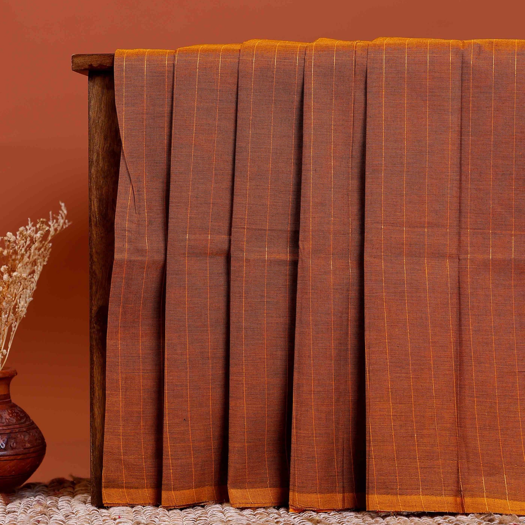 Traditional Chettinad Cotton Saree with Subtle Stripes and Traditional Weave - Brown