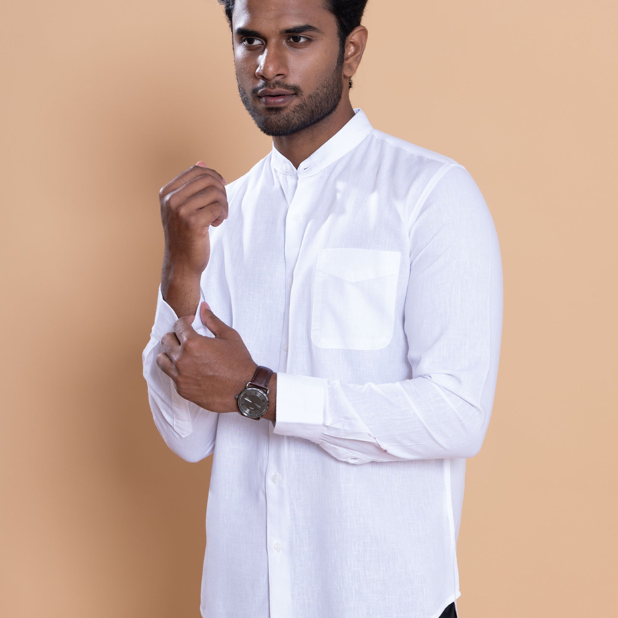Nativebull Men Solid Full Sleeve Linen Blend Shirt - White