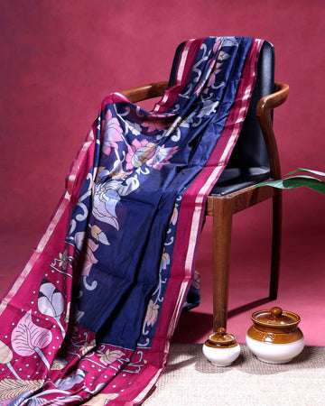Elegant Semi Chanderi Saree with  Floral Motifs and A Plain Gold Woven Border - Navy