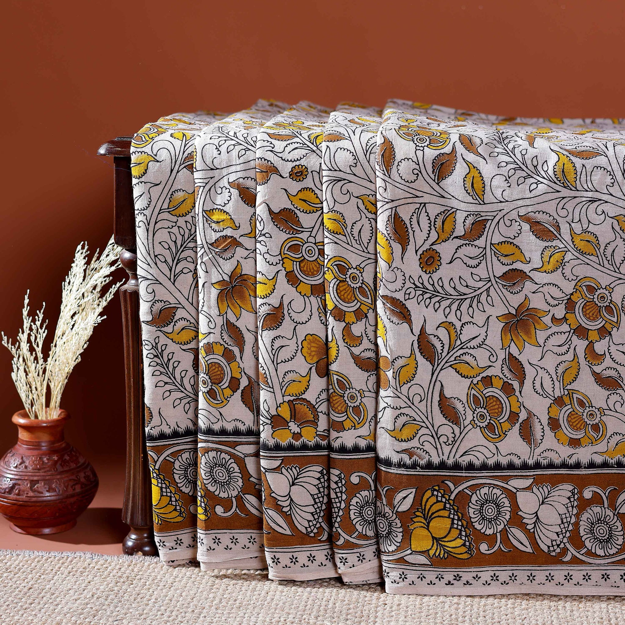 Traditional Handloom Kalamkari Cotton Saree with Intricate Floral and Avian Motifs - White