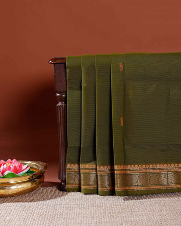 Traditional Handloom Venkatagiri Cotton Saree with Zari Border and Intricate Weave - Green