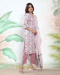 Women’s Readymade Salwar Suit Set with Floral Printed Straight Kurta, Pants & Striped Dupatta, Onion Pink Side View