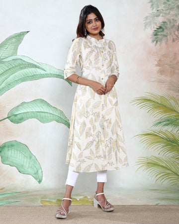 Women’s Elegant Leaf Printed A-Line Kurta with Mandarin Collar Button Down Front and 3/4th Sleeves - Cream