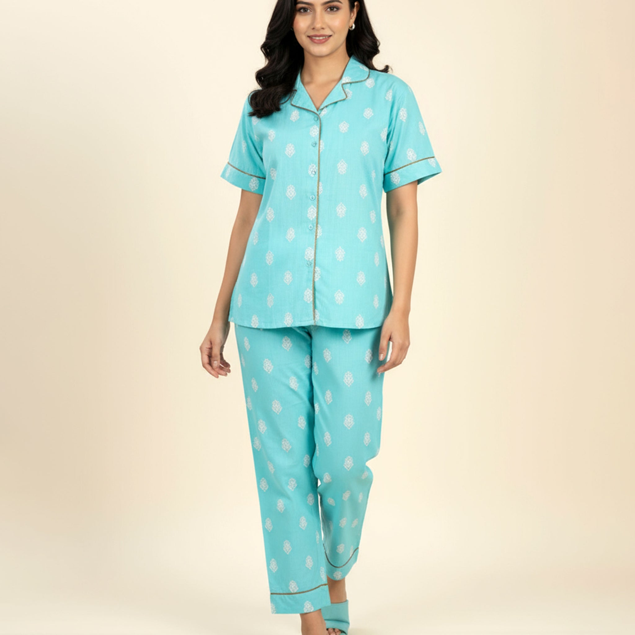 Women's Motif Print Short Sleeve Night Wear - Blue