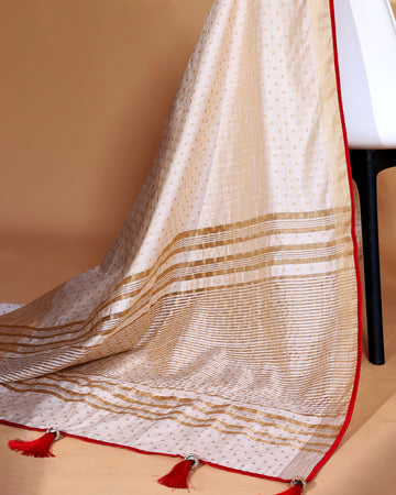 Off White  Art Silk Saree with Golden Zari & Buti Pattern Enhanced with Red Border Without Blouse