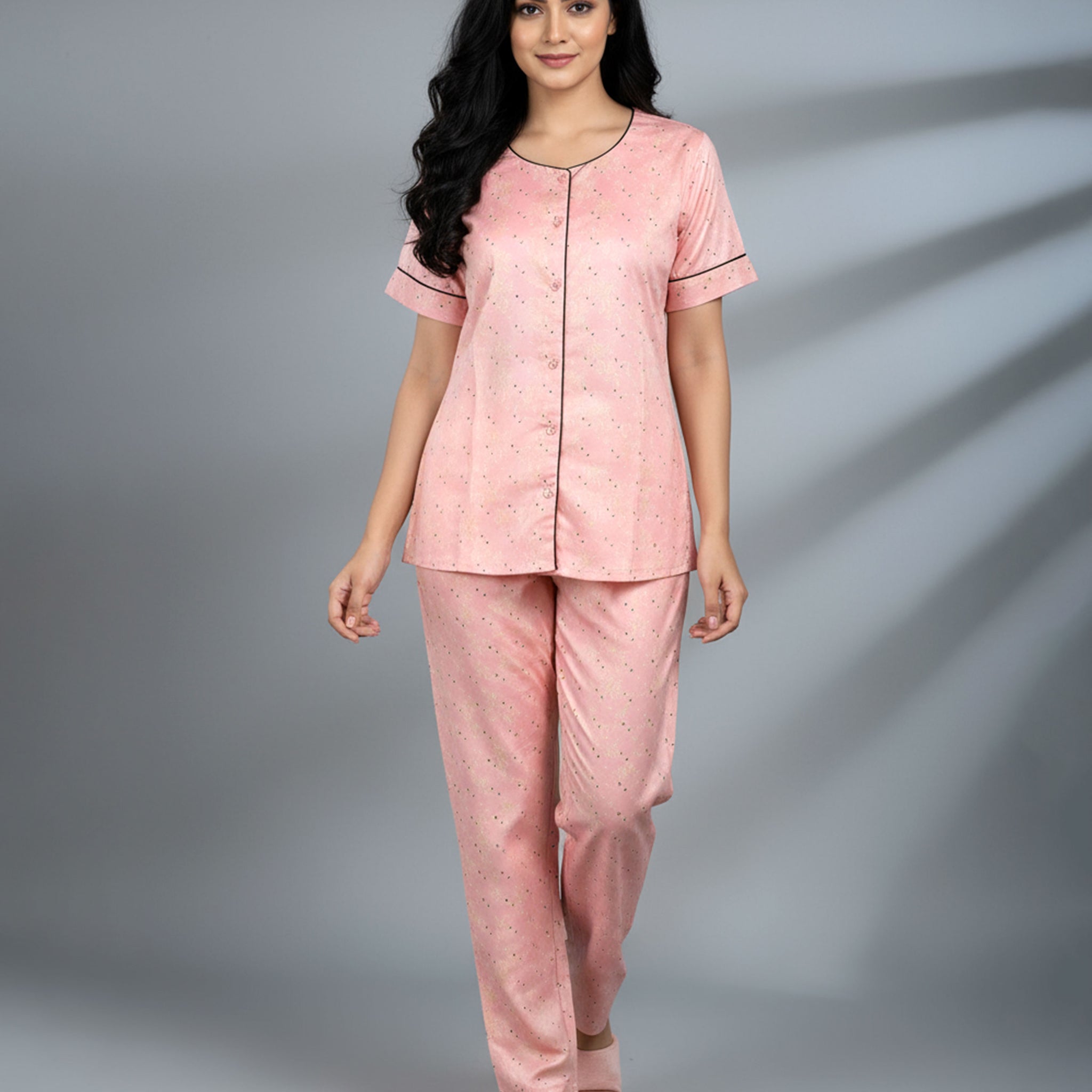 Women's Soft & Comfortable Subtle Print Nightwear Set -Peach