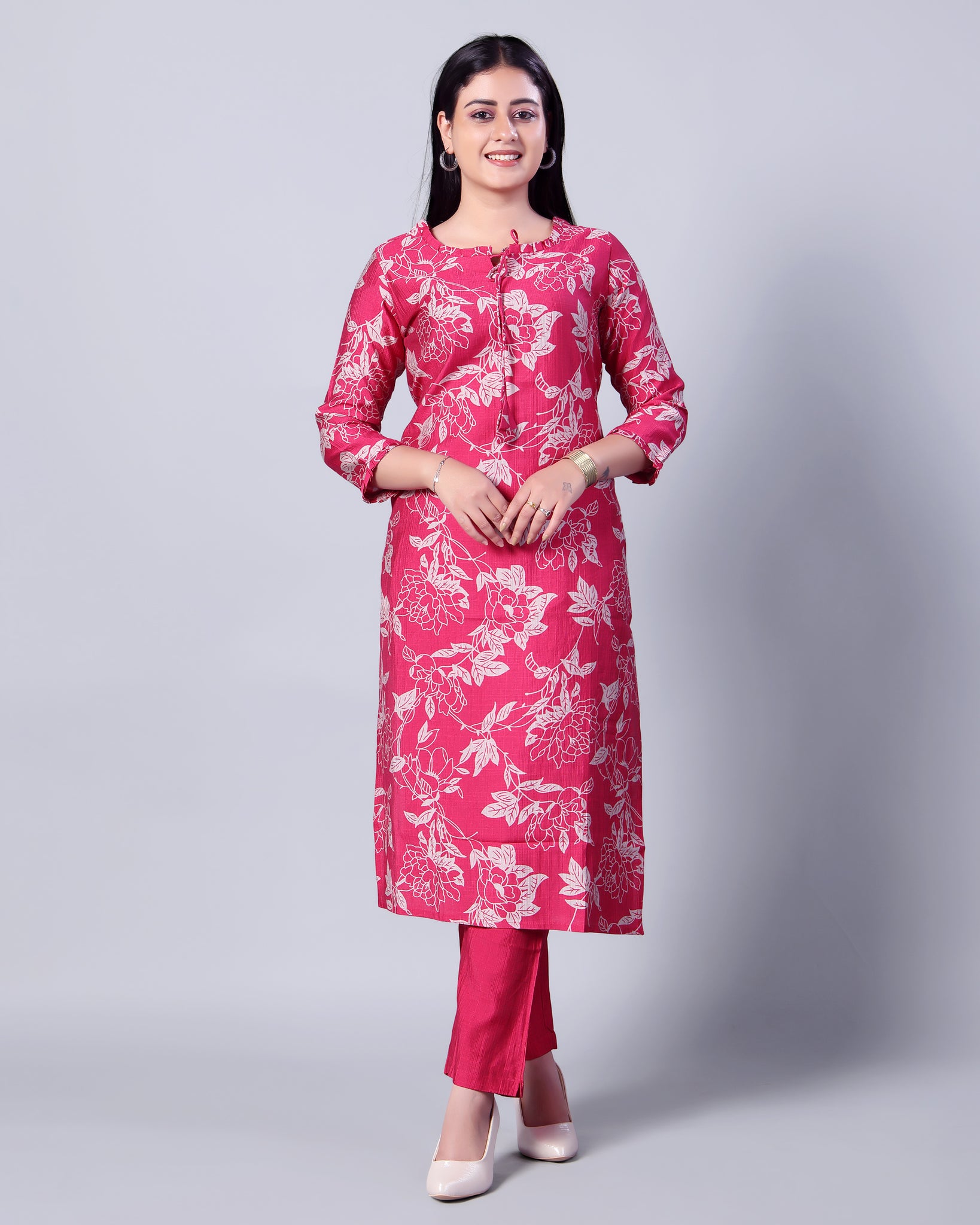 Women's Elegant Floral Print Straight Kurta with Solid Palazzo Set - Magenta