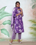 Elegant Floral Printed Women’s Readymade Salwar Suit Set with Straight Kurta Patterned Pants and Matching Dupatta, Violet Side View