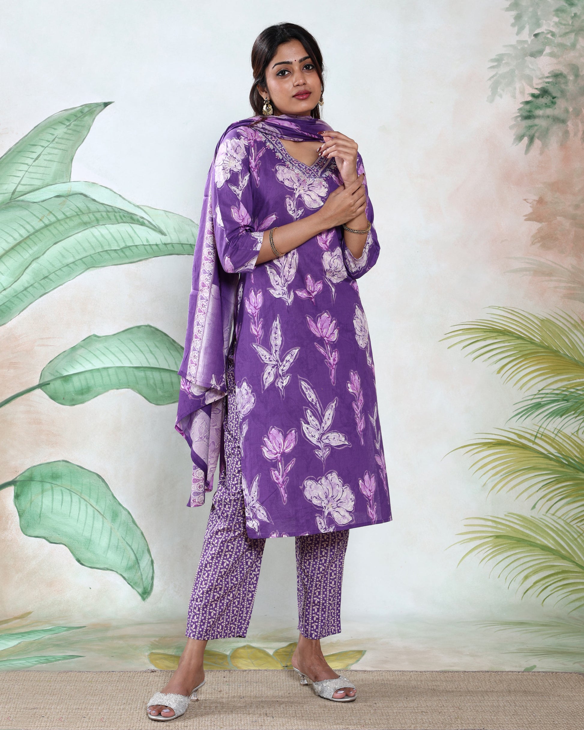 Elegant Floral Printed Women’s Readymade Salwar Suit Set with Straight Kurta Patterned Pants and Matching Dupatta, Violet Side View