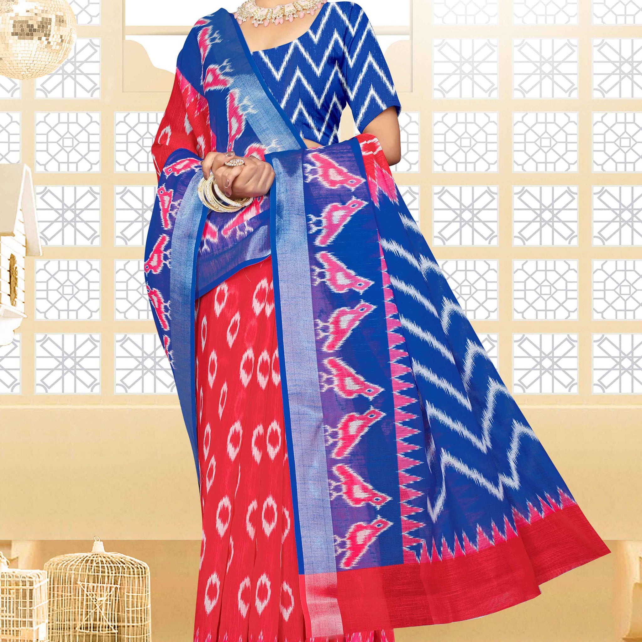 Red With Blue Color Ikkat Saree - IK03