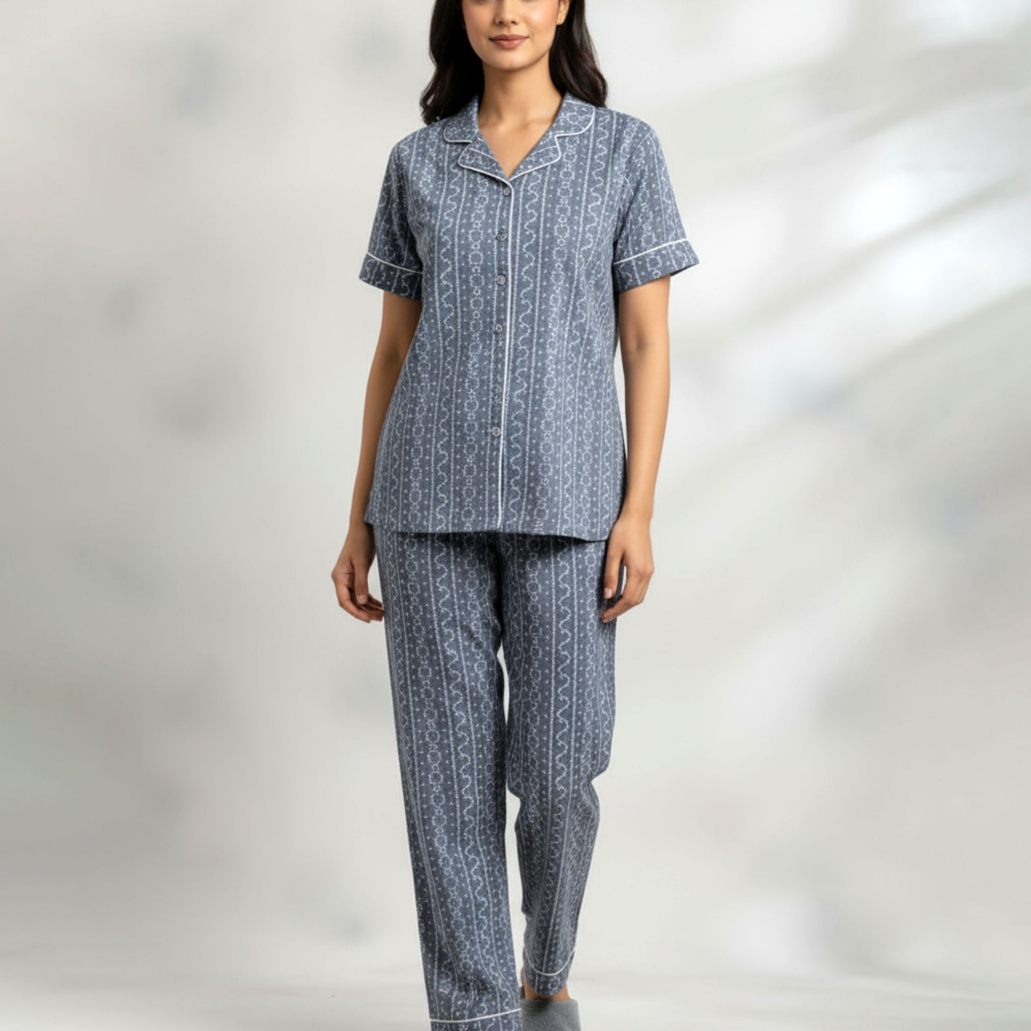 Women's Geometric Print Short Sleeve Night Wear - Grey