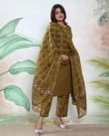 Women’s Printed Readymade Salwar Suit Set with Straight Kurta Matching Pants and Dupatta, Light Green