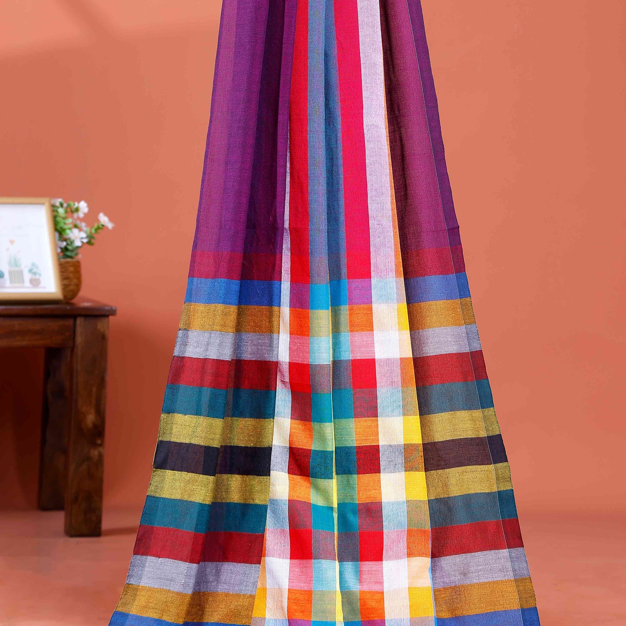 Handloom Mul Mul Cotton Saree with Vertical Stripe Pattern and Decorative Tassels - Purple