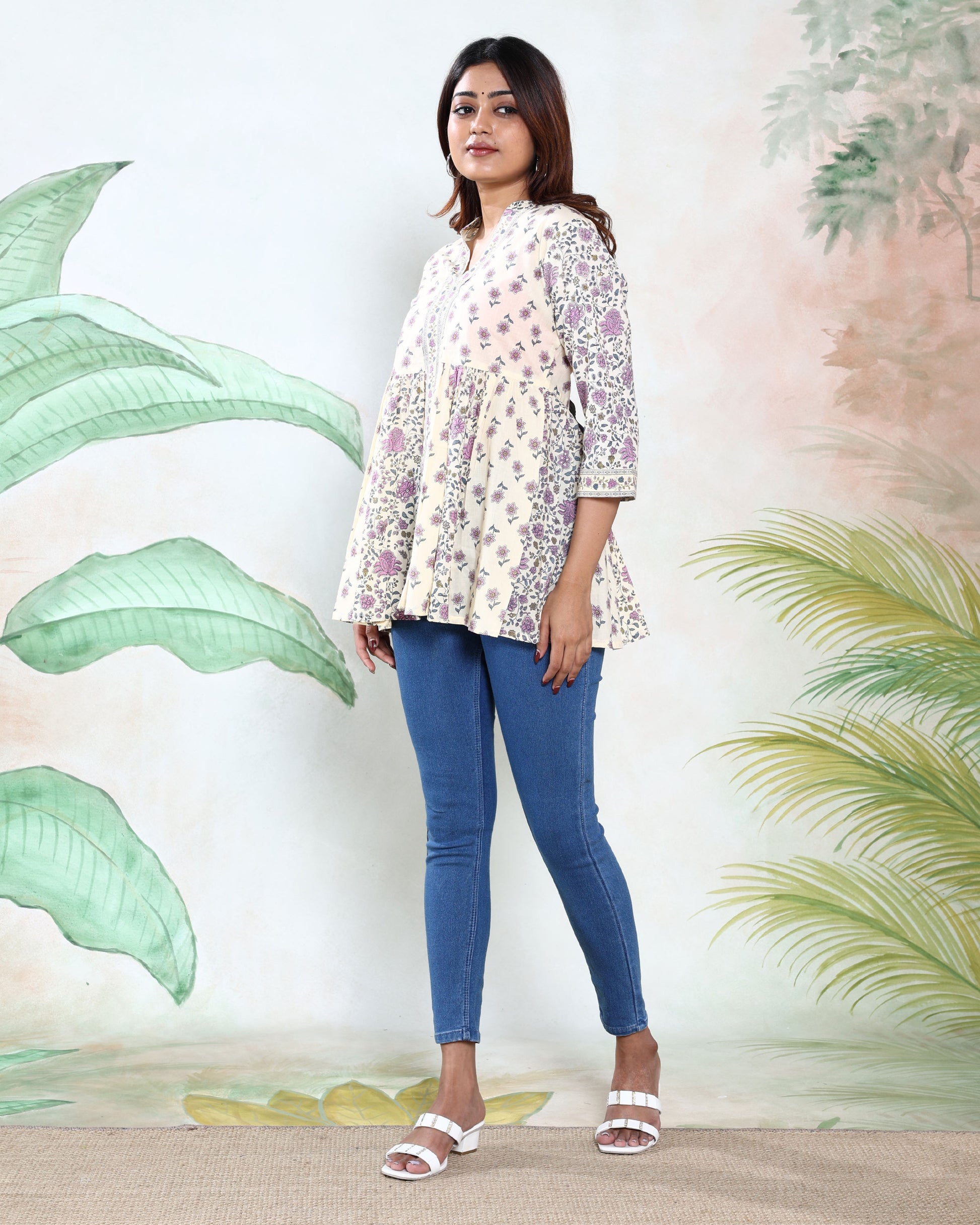Women’s Leaf Print Collared A-Line Kurti with 3/4th  Sleeves and Button-Down Front, Full View
