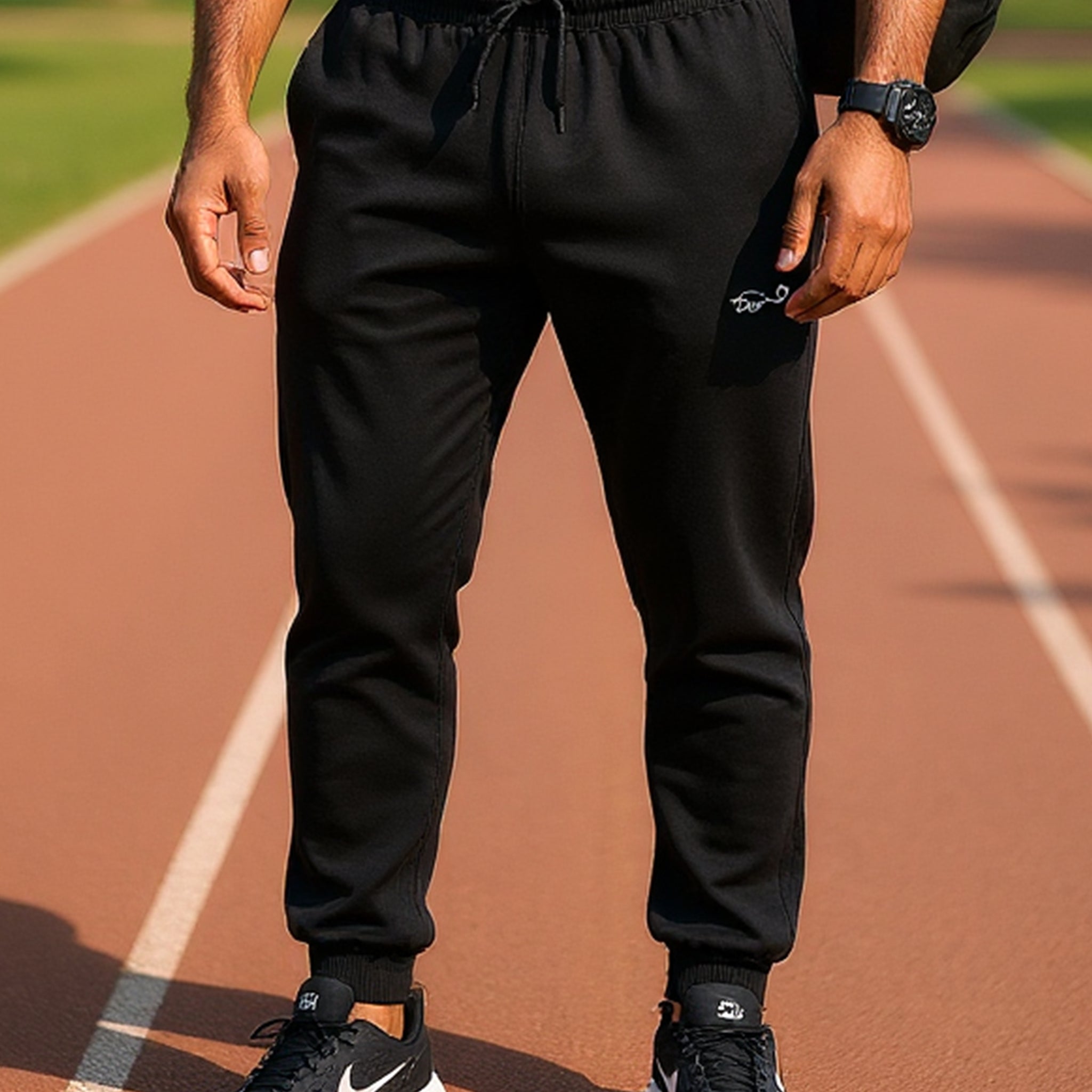 Men’s Jogger-Style Track Pant with Ribbed Cuffs and Adjustable Drawstring - Black