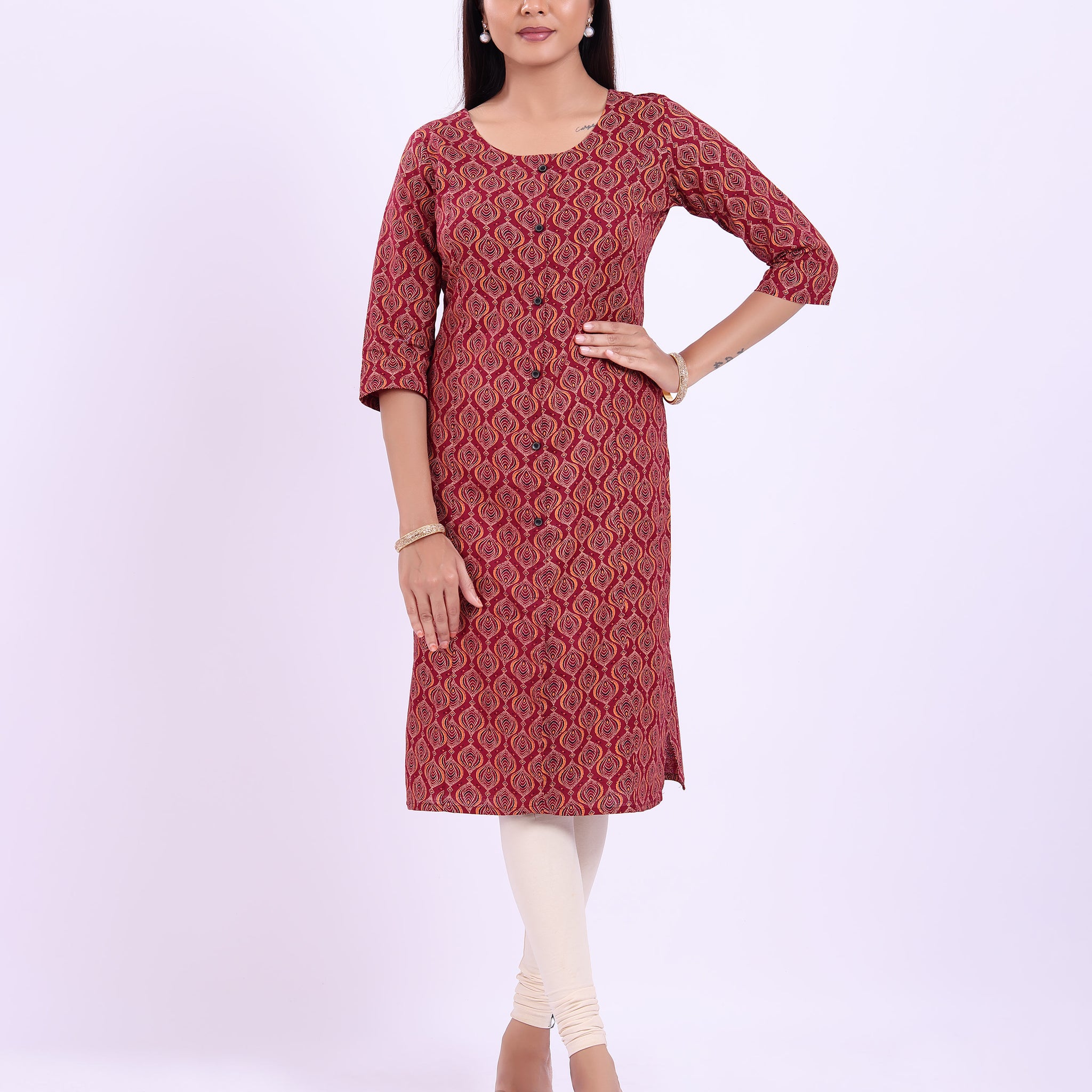 Women's Printed Cotton Straight Kurta - Red