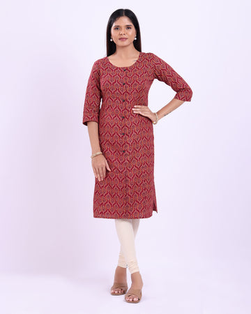 Women's Printed Cotton Straight Kurta - Red