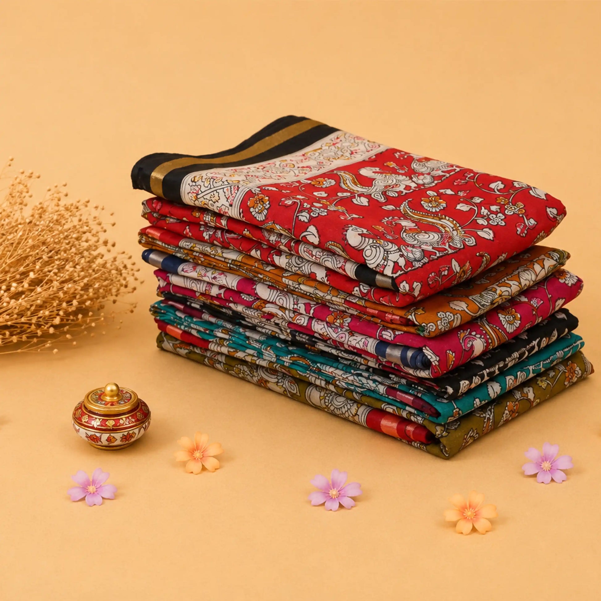 Semi Chanderi Sarees collection with Kalamkari floral and bird prints in multicolor stack folded front view