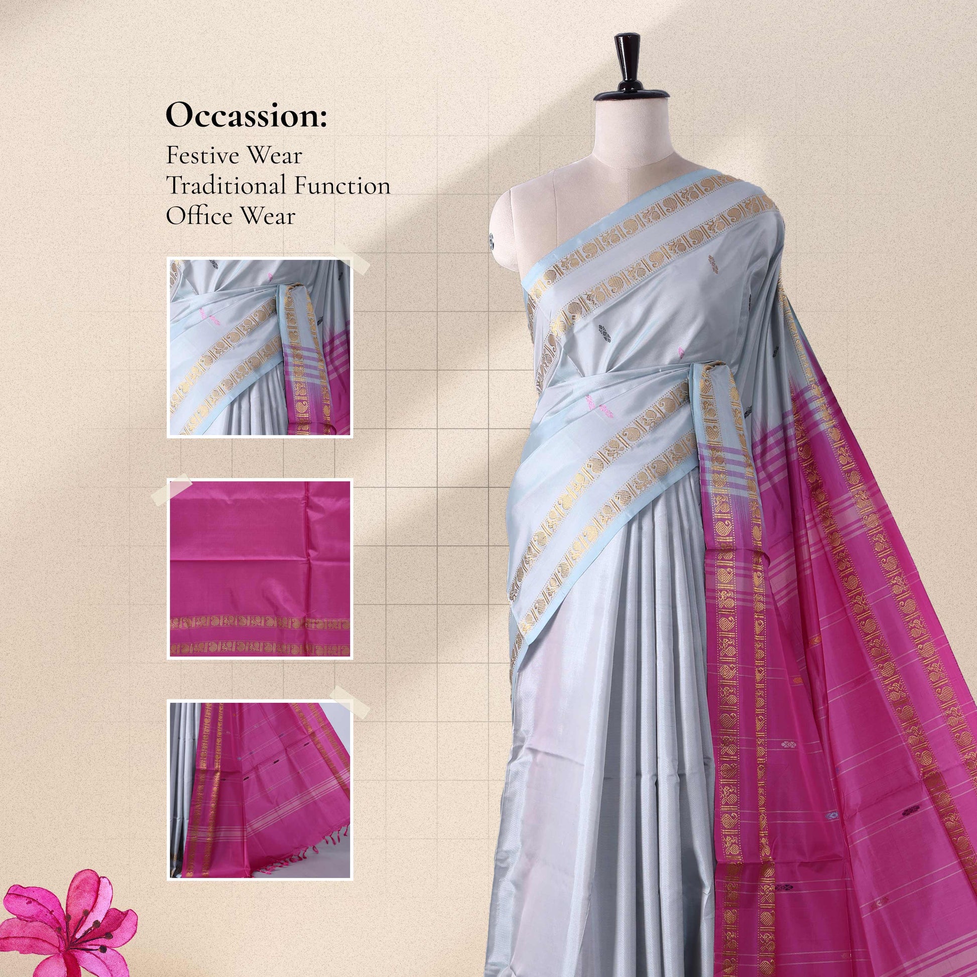 Banana Pith Saree in Light Grey with Pink Pallu and Intricate Gold Zari Border