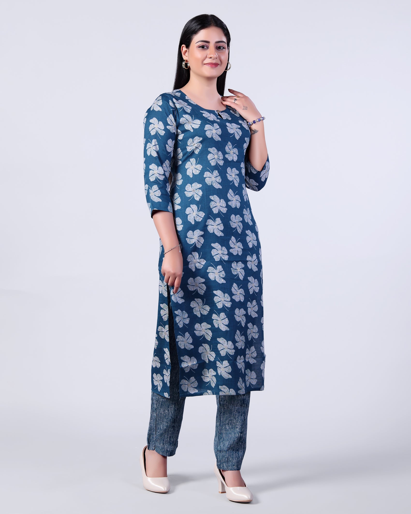 Women's Elegant Floral Print Straight Kurta with Palazzo Set, Teal