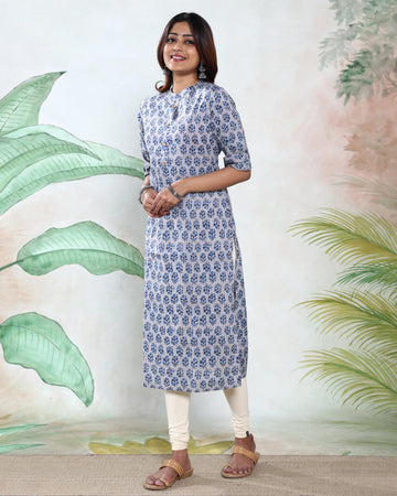 Women’s Floral Printed Straight Kurta with Mandarin Collar 3/4th Sleeves Front Button Placket and Side Slits - Blue & Grey