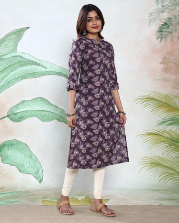 Women’s Floral Printed Straight Fit Kurta with Mandarin Collar and 3/4th Sleeves - Dark Purple