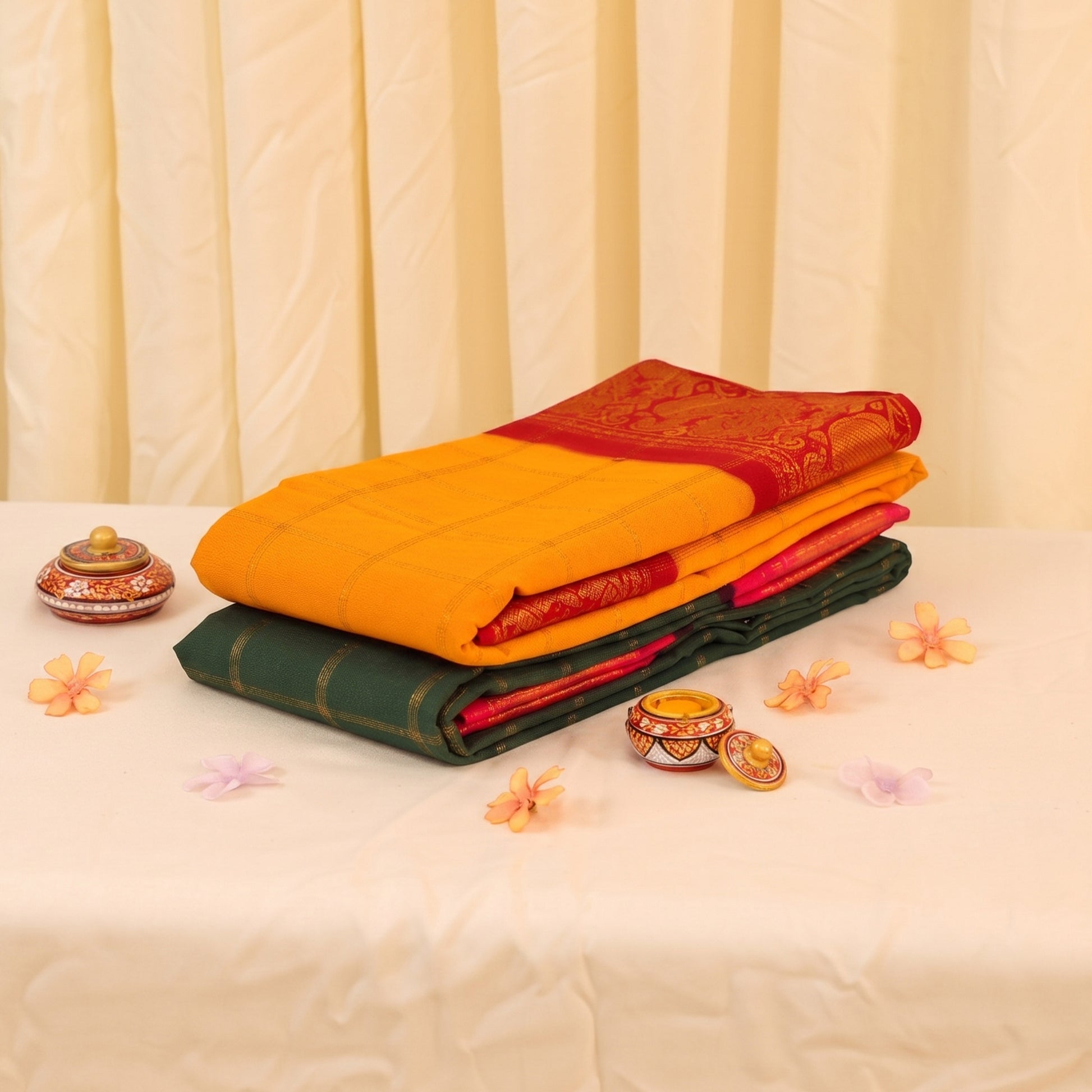 Yellow and green Sungudi cotton saree featuring woven checks and red zari border folded view