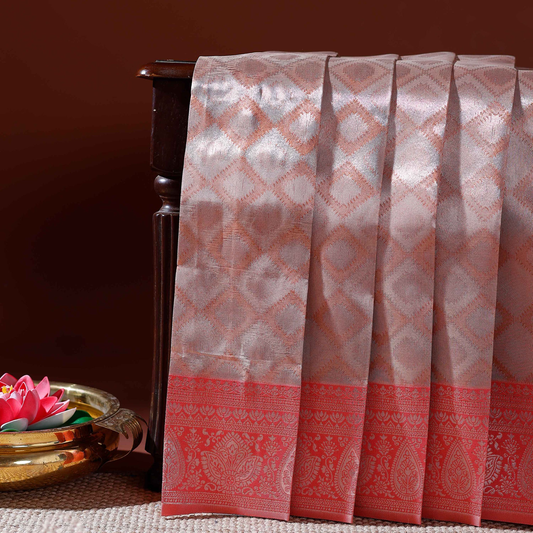 Elegant Litchi Silk Saree with Intricate Zari Woven Motifs and Contrasting Border - Brown